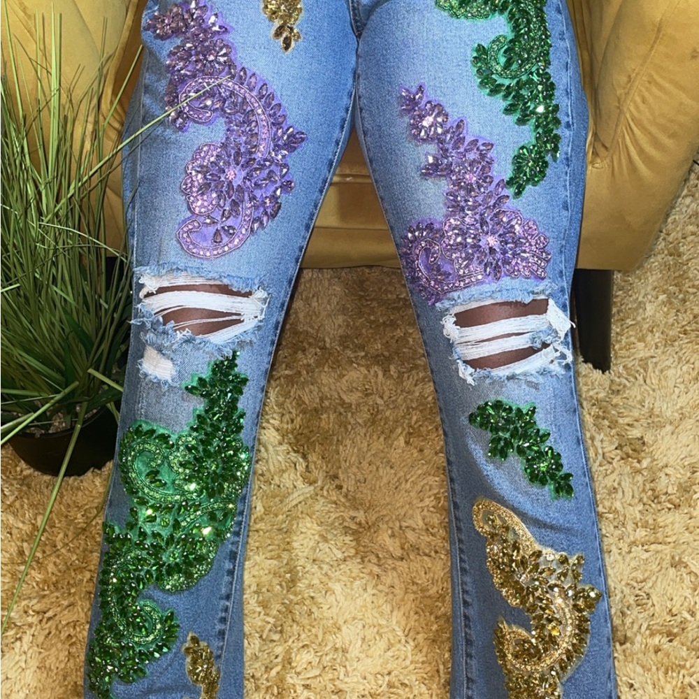 Embellished Jeans with Green and Purple Accents